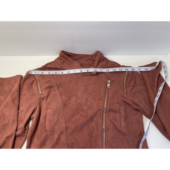 Suede Zipper Detailed Crop Biker Jacket Rust Medium Color Size Small - Picture 3 of 8